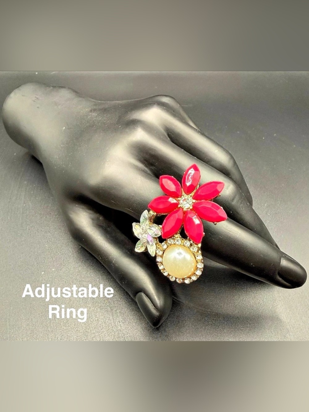 Adjustable Pink Floral Statement Ring